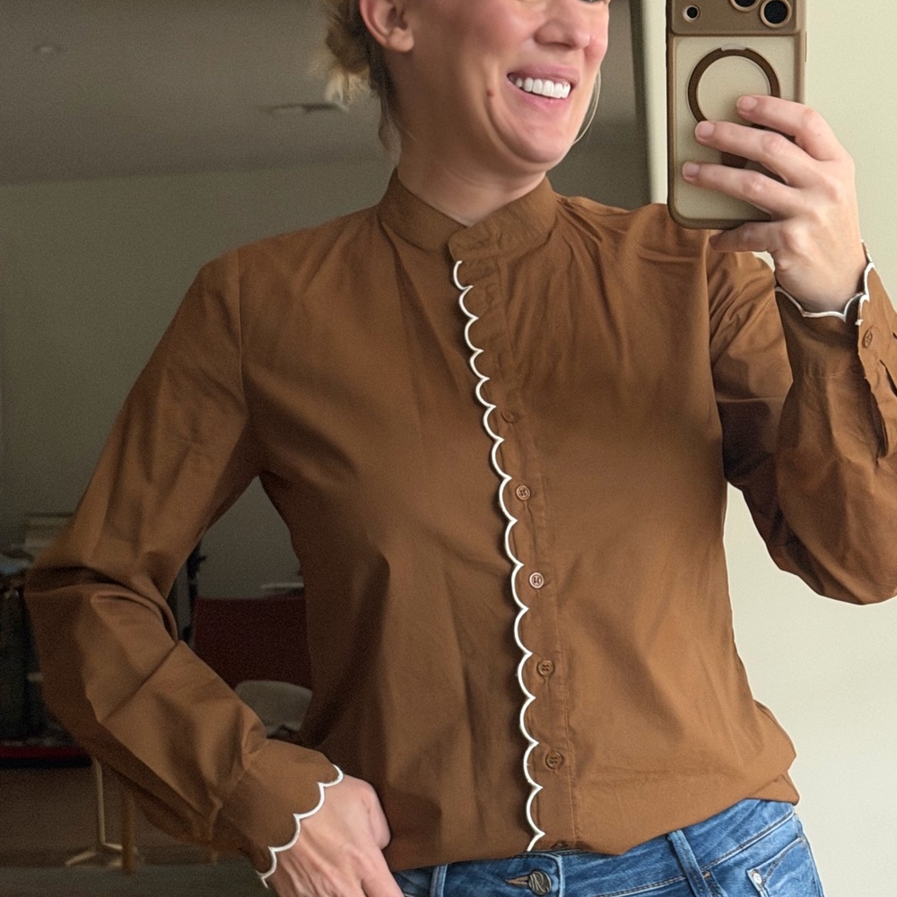 The Shirt by Rochelle Behrens Brown White Scalloped Button Down Cotton Medium